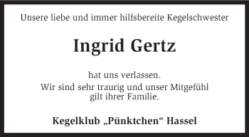 Traueranzeigen Von Ingrid Gertz Trauer Kreiszeitung De