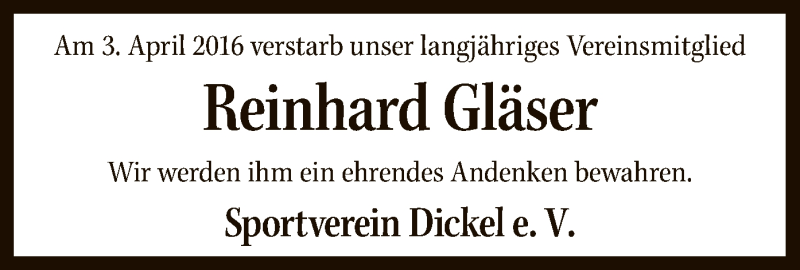 Traueranzeigen von Reinhard Gläser trauer kreiszeitung de