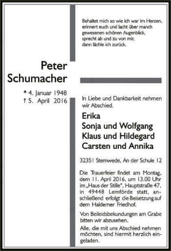 Traueranzeigen Von Peter Schumacher Trauer Kreiszeitung De