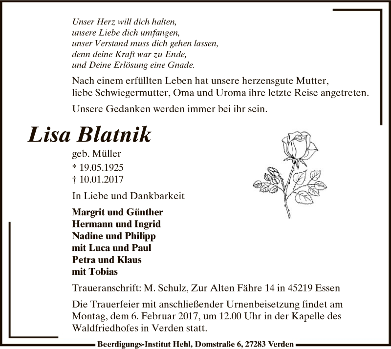 Traueranzeigen Von Lisa Blatnik Trauer Kreiszeitung De