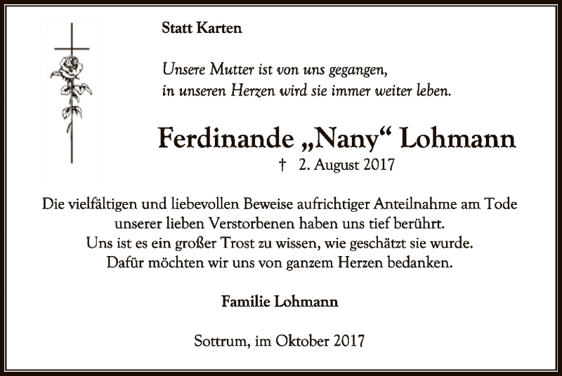 Traueranzeigen Von Ferdinande Lohmann Trauer Kreiszeitung De