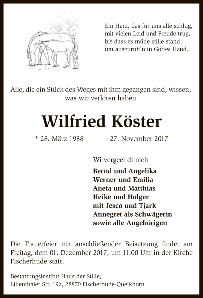 Traueranzeigen von Wilfried Köster trauer kreiszeitung de