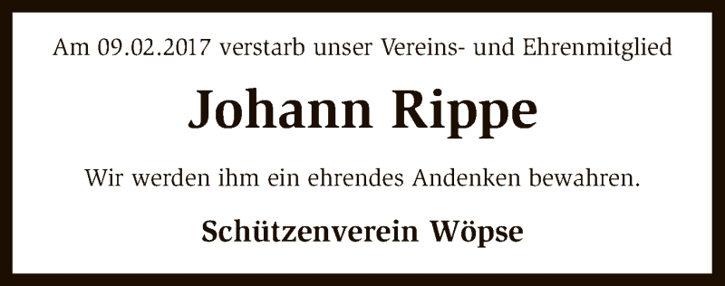 Traueranzeigen Von Johann Rippe Trauer Kreiszeitung De