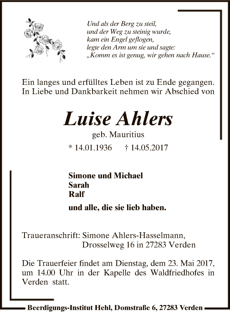 Traueranzeigen Von Luise Ahlers Trauer Kreiszeitung De