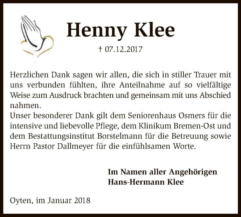 Traueranzeigen Von Henny Klee Trauer Kreiszeitung De