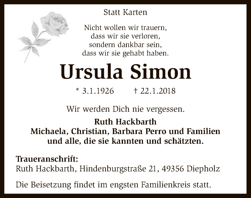 Traueranzeigen Von Ursula Simon Trauer Kreiszeitung De