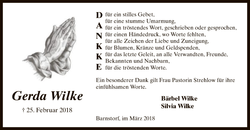 Traueranzeigen Von Gerda Wilke Trauer Kreiszeitung De