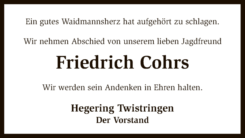 Traueranzeigen Von Friedrich Cohrs Trauer Kreiszeitung De