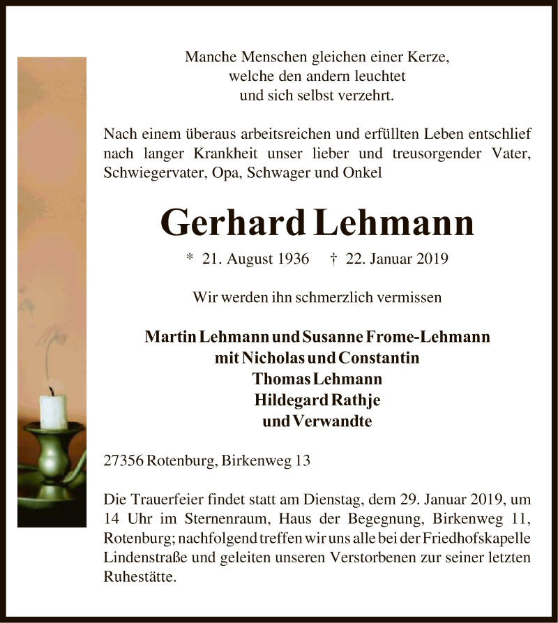 Traueranzeigen Von Gerhard Lehmann Trauer Kreiszeitung De