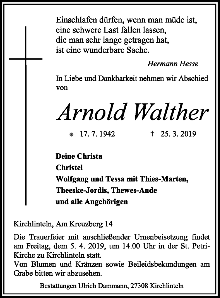 Traueranzeigen Von Arnold Walther Trauer Kreiszeitung De