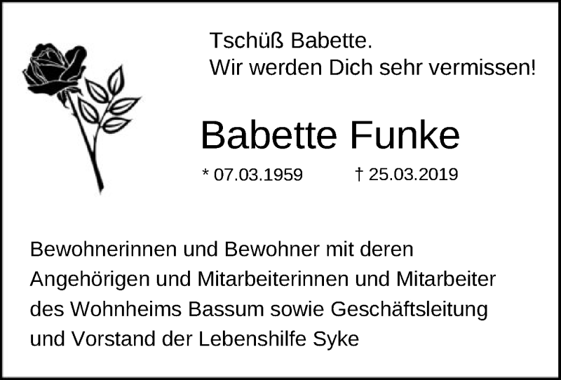 Traueranzeigen Von Babette Funke Trauer Kreiszeitung De