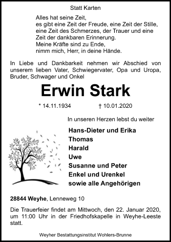 Traueranzeigen Von Erwin Stark Trauer Kreiszeitung De