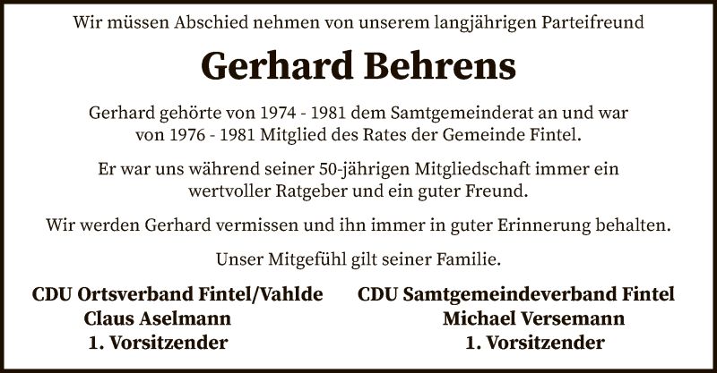 Traueranzeigen Von Gerhard Behrens Trauer Kreiszeitung De