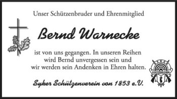 Traueranzeigen Von Bernd Warnecke Trauer Kreiszeitung De