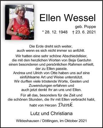 Traueranzeigen Von Ellen Wessel Trauer Kreiszeitung De