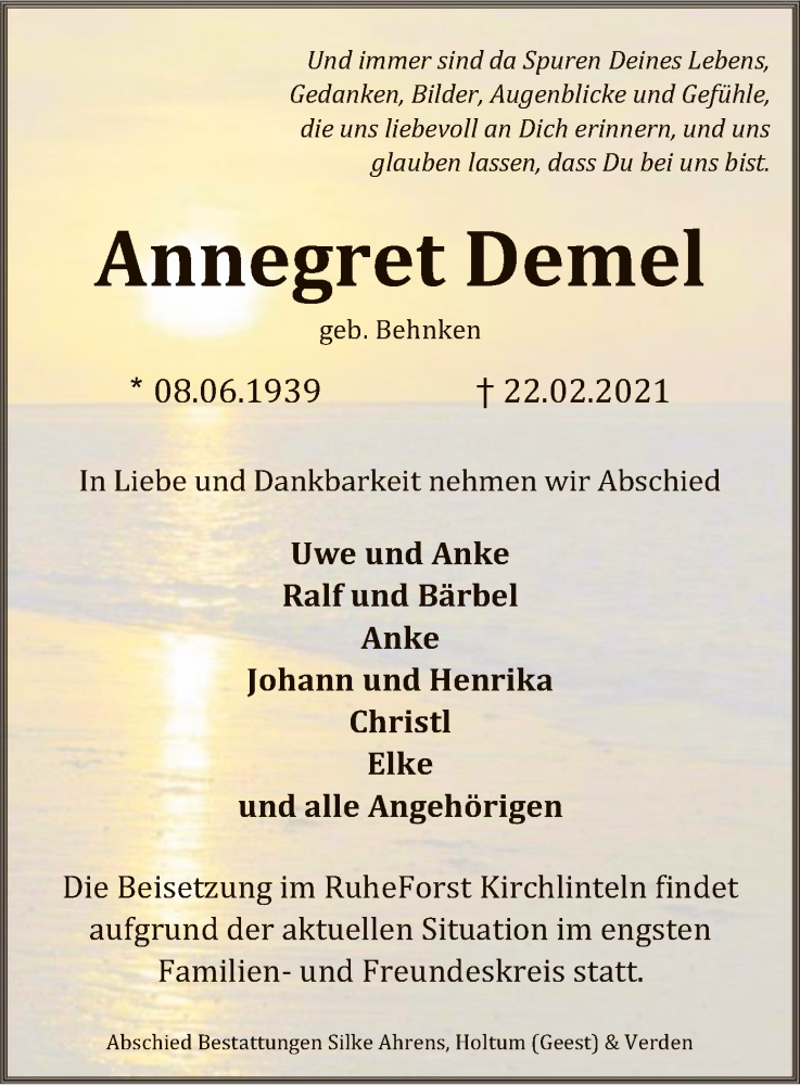 Traueranzeigen Von Annegret Demel Trauer Kreiszeitung De