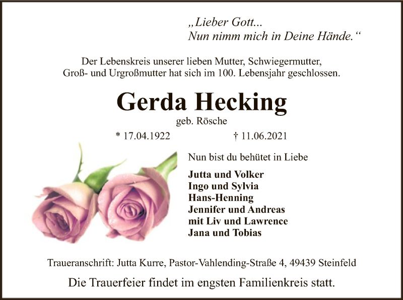 Traueranzeigen Von Gerda Hecking Trauer Kreiszeitung De