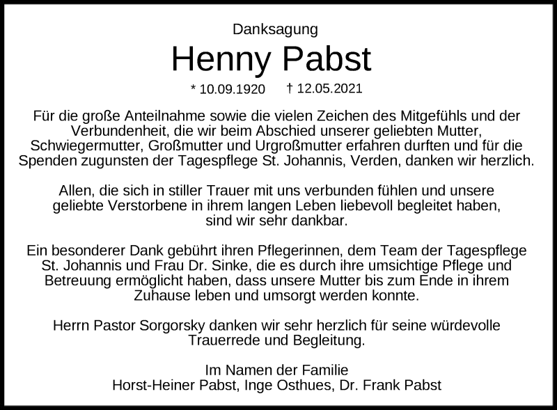 Traueranzeigen Von Henny Pabst Trauer Kreiszeitung De