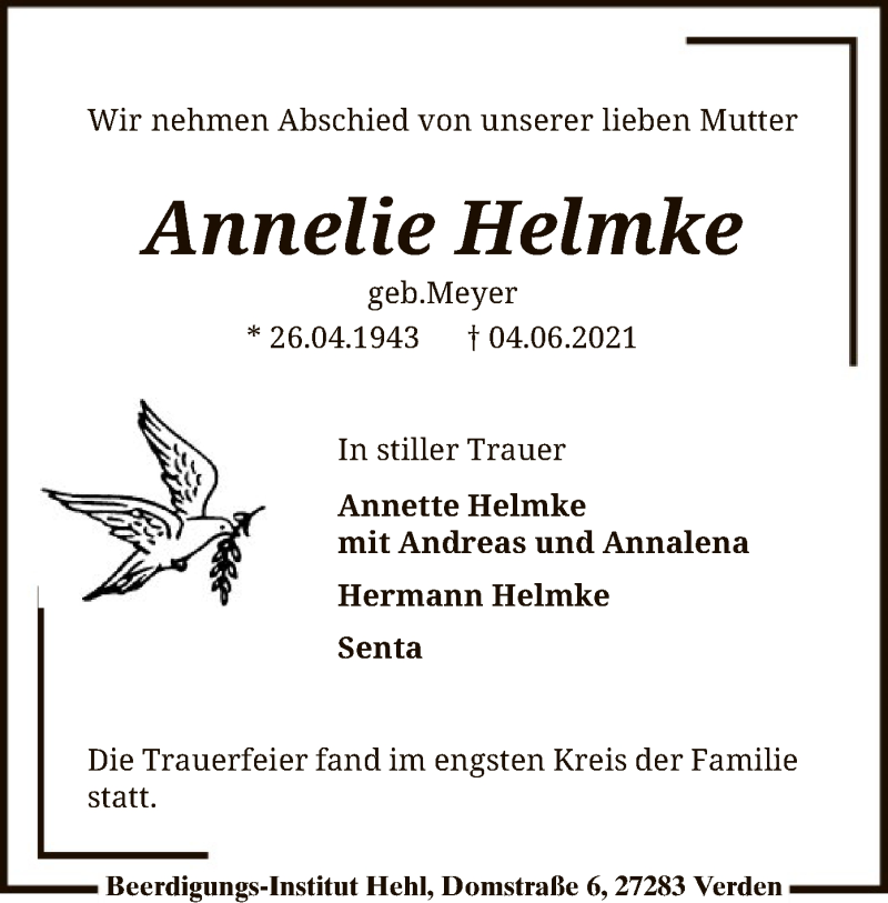 Traueranzeigen Von Annelie Helmke Trauer Kreiszeitung De