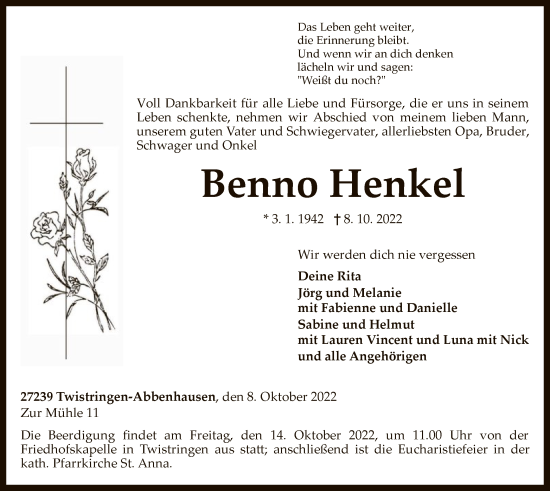 Traueranzeigen Von Benno Henkel Trauer Kreiszeitung De