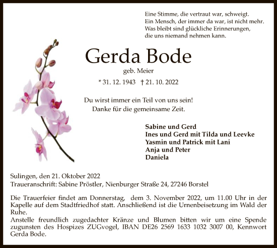 Traueranzeigen Von Gerda Bode Trauer Kreiszeitung De