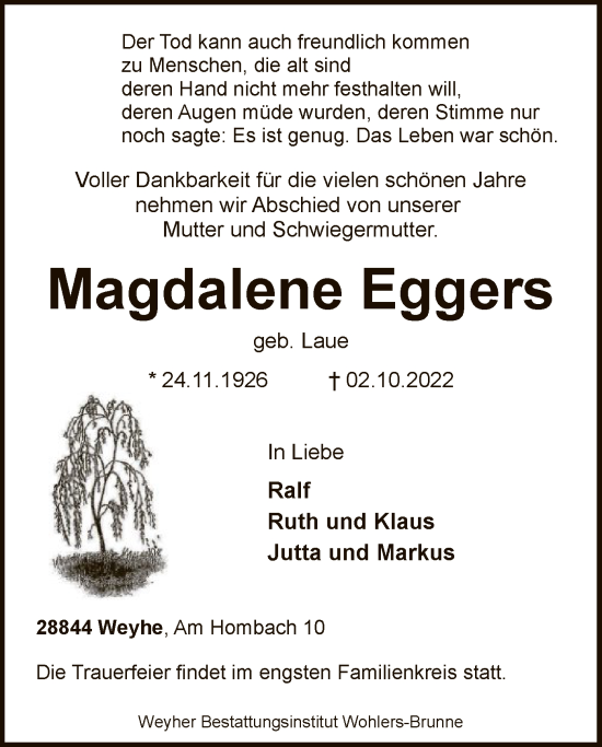 Traueranzeigen Von Magdalene Eggers Trauer Kreiszeitung De