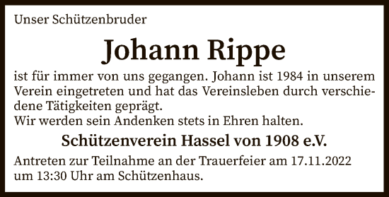 Traueranzeigen Von Johann Rippe Trauer Kreiszeitung De