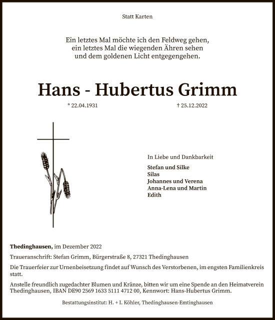 Traueranzeigen Von Hans Hubertus Grimm Trauer Kreiszeitung De