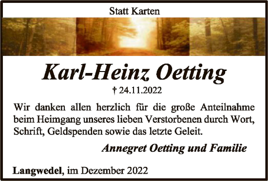 Traueranzeigen Von Karl Heinz Oetting Trauer Kreiszeitung De