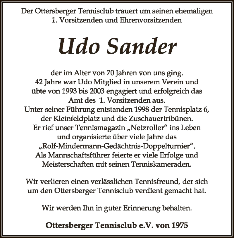 Traueranzeigen Von Udo Sander Trauer Kreiszeitung De