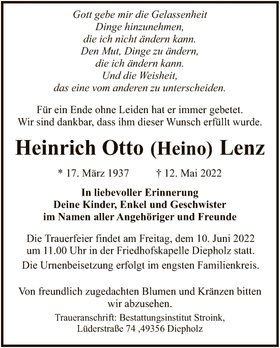 Traueranzeigen Von Heinrich Otto Lenz Trauer Kreiszeitung De