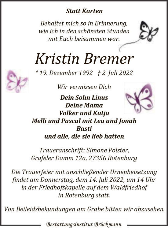 Traueranzeigen Von Kristin Bremer Trauer Kreiszeitung De