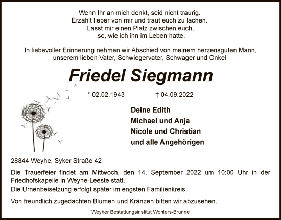 Traueranzeigen Von Friedel Siegmann Trauer Kreiszeitung De