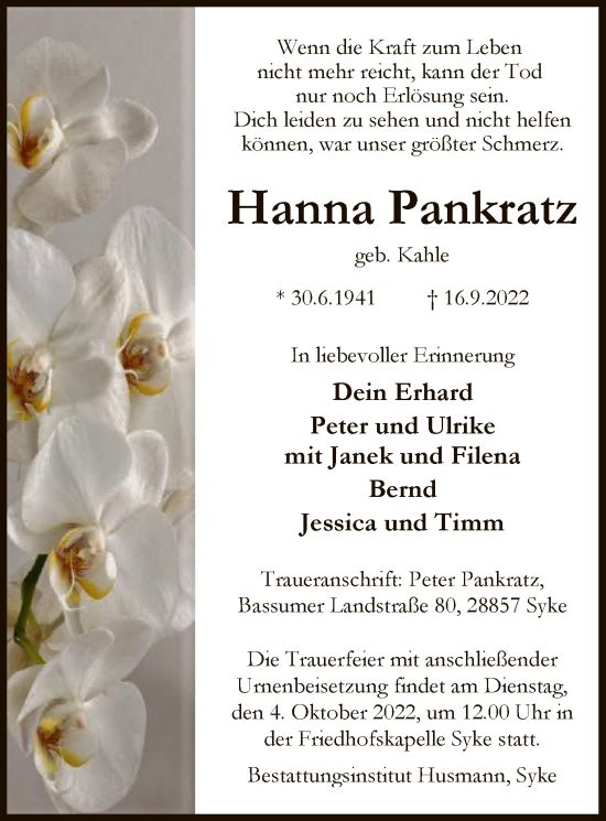 Traueranzeigen Von Hanna Pankratz Trauer Kreiszeitung De