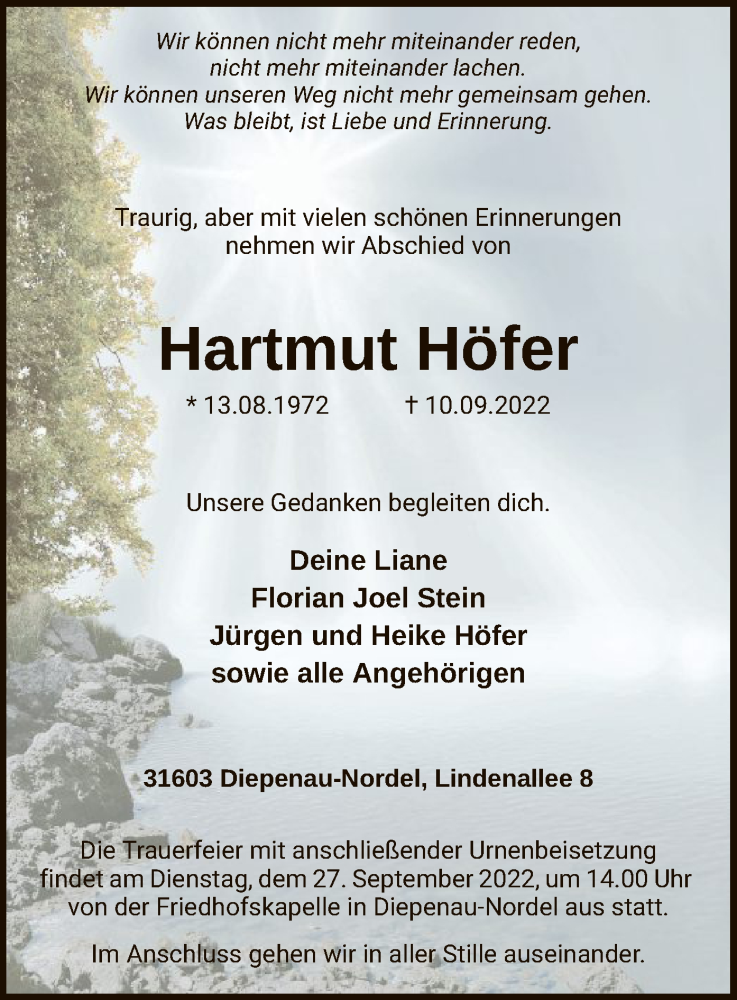 Traueranzeigen von Hartmut Höfer trauer kreiszeitung de