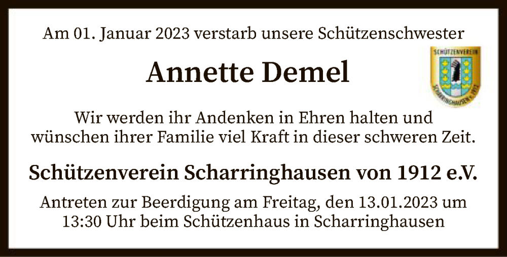 Traueranzeigen Von Annette Demel Trauer Kreiszeitung De