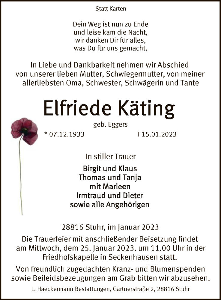 Traueranzeigen von Elfriede Käting trauer kreiszeitung de