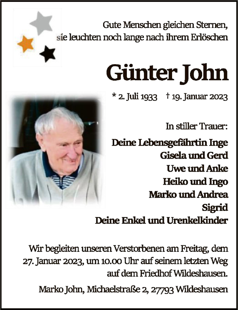 Traueranzeigen von Günter John trauer kreiszeitung de