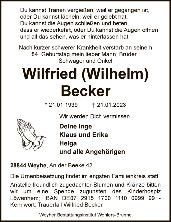 Traueranzeigen Von Wilfried Becker Trauer Kreiszeitung De