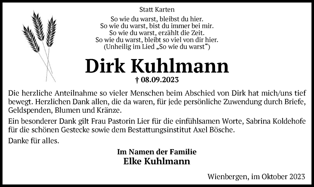 Traueranzeigen Von Dirk Kuhlmann Trauer Kreiszeitung De