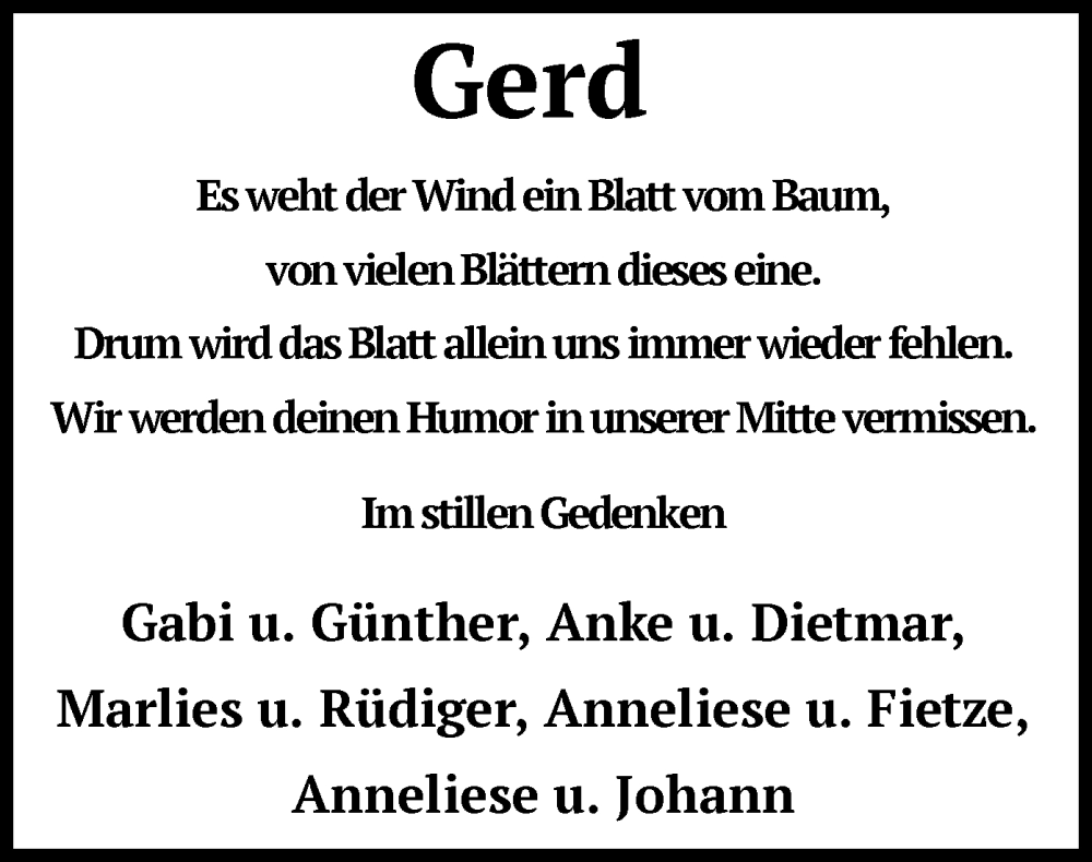 Traueranzeigen Von Gerd Trauer Kreiszeitung De