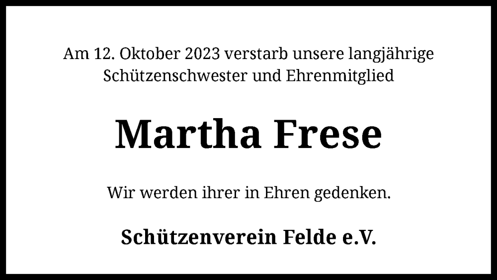 Traueranzeigen Von Martha Frese Trauer Kreiszeitung De