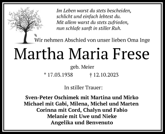 Traueranzeigen Von Martha Maria Frese Trauer Kreiszeitung De