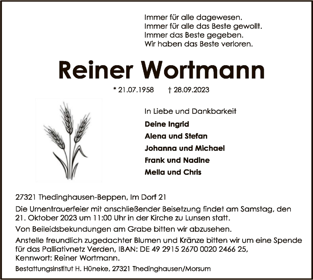 Traueranzeigen Von Reiner Wortmann Trauer Kreiszeitung De