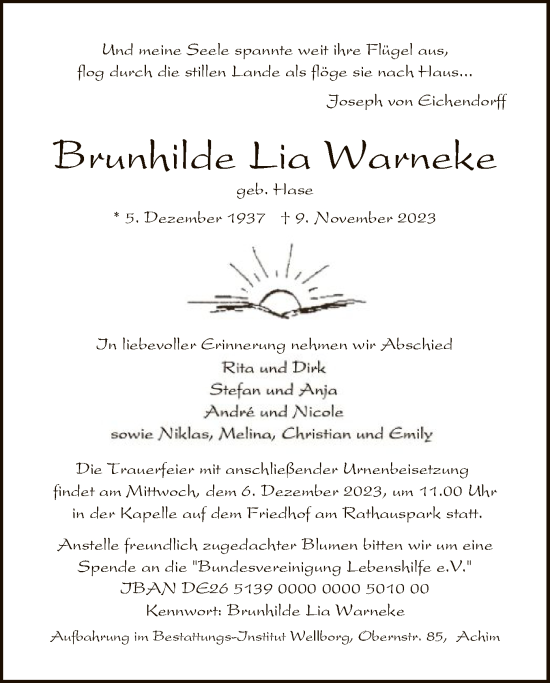 Traueranzeigen Von Brunhilde Lia Warneke Trauer Kreiszeitung De