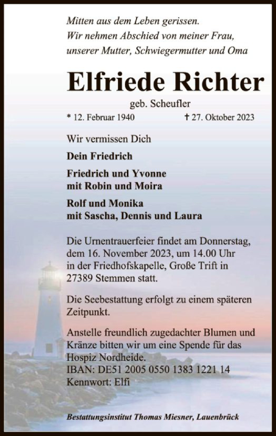 Traueranzeigen Von Elfriede Richter Trauer Kreiszeitung De