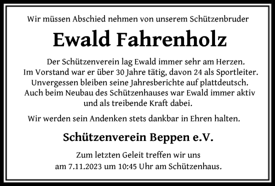 Traueranzeigen Von Ewald Fahrenholz Trauer Kreiszeitung De