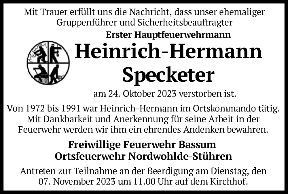 Traueranzeigen Von Heinrich Hermann Specketer Trauer Kreiszeitung De