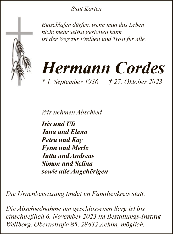 Traueranzeigen Von Hermann Cordes Trauer Kreiszeitung De