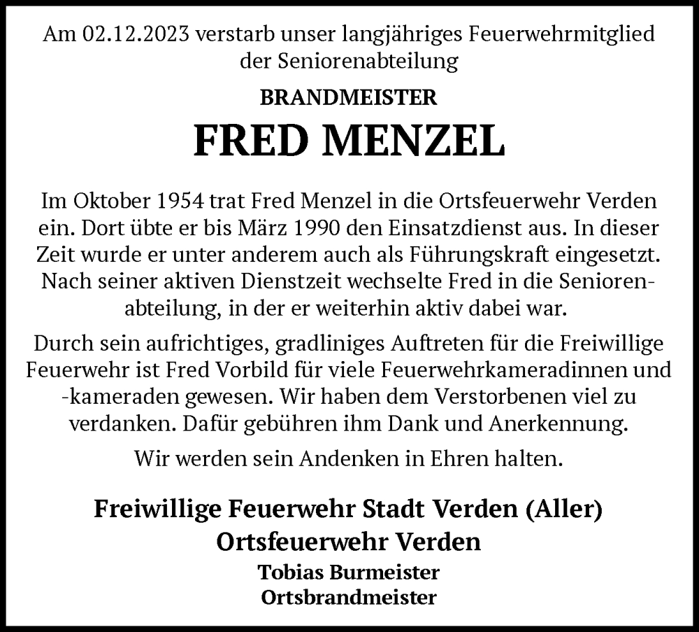 Traueranzeigen Von Fred Menzel Trauer Kreiszeitung De